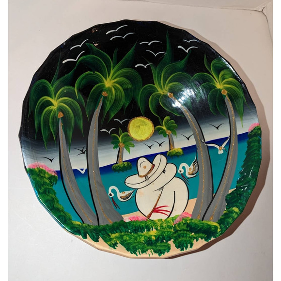 Vintage Mexican Pottery Hand Painted Folk Art Bowl 3 Footed Scalloped Edge - Picture 1 of 9